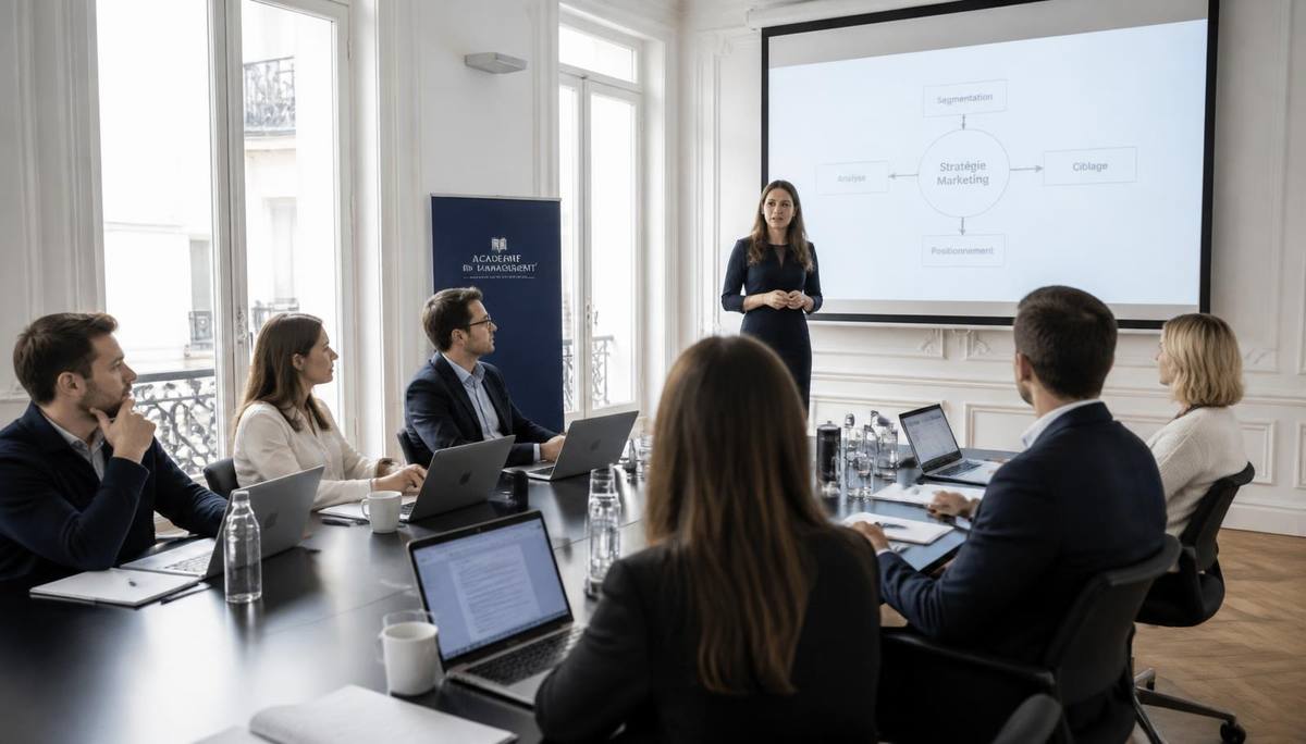 Session de formation professionnelle animée devant un groupe de cadres